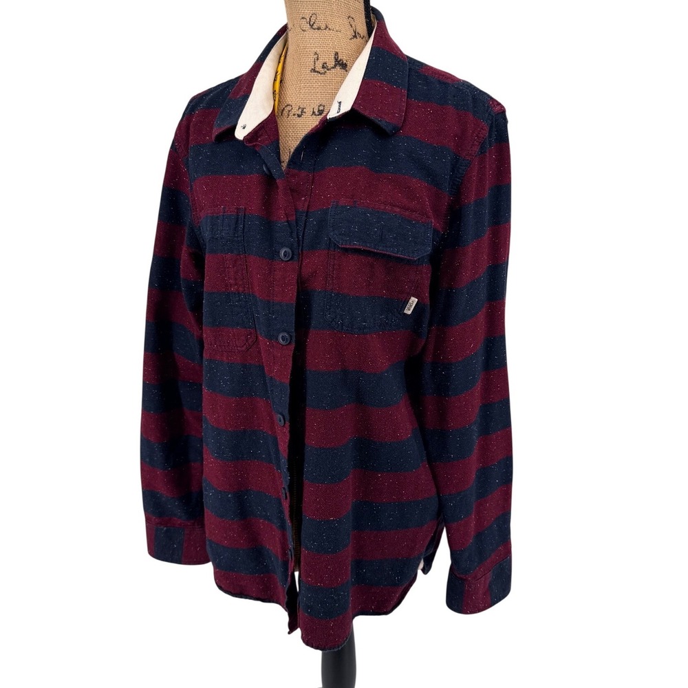 Vans Mens M Button Up Textured Flannel Shirt Burgundy Navy Speckled Long Sleeve‎